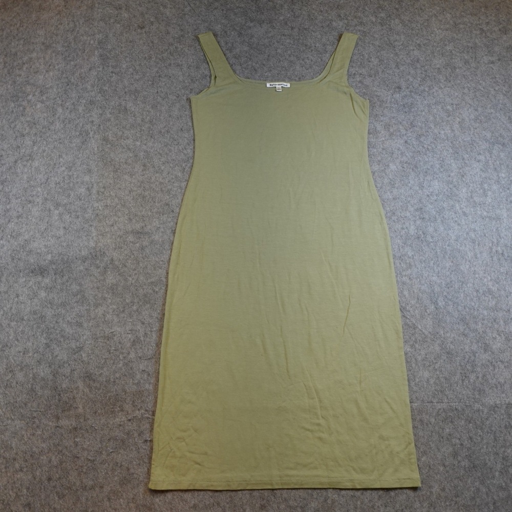 Reformation Dress Women Large Green Sleeveless Square Neck Midi Knit Bodycon